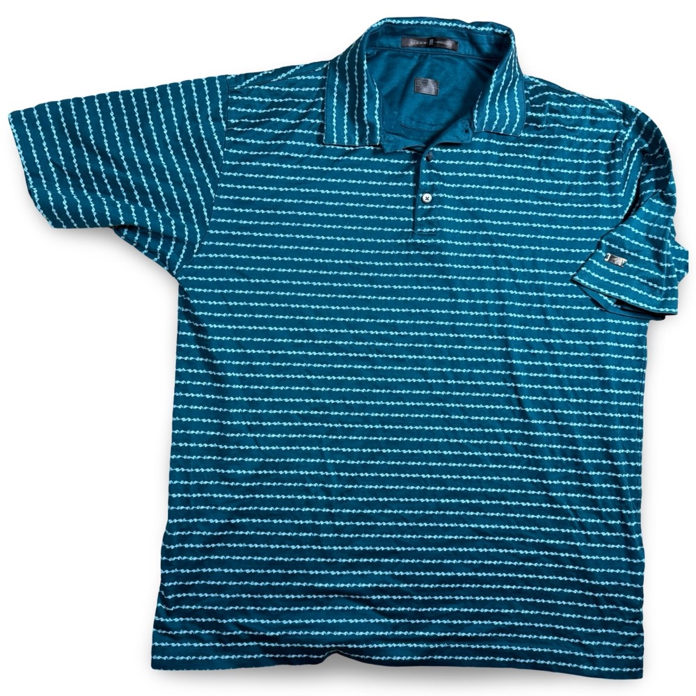 Tiger Woods Polo Shirt Mens M Teal Blue Striped Excellent Golf Top Short Slv